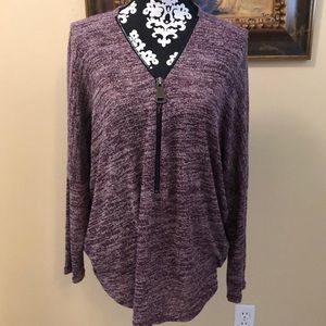 Casting slouchy big zipper pull dolman sleeved stretchy wine sparkly sweater